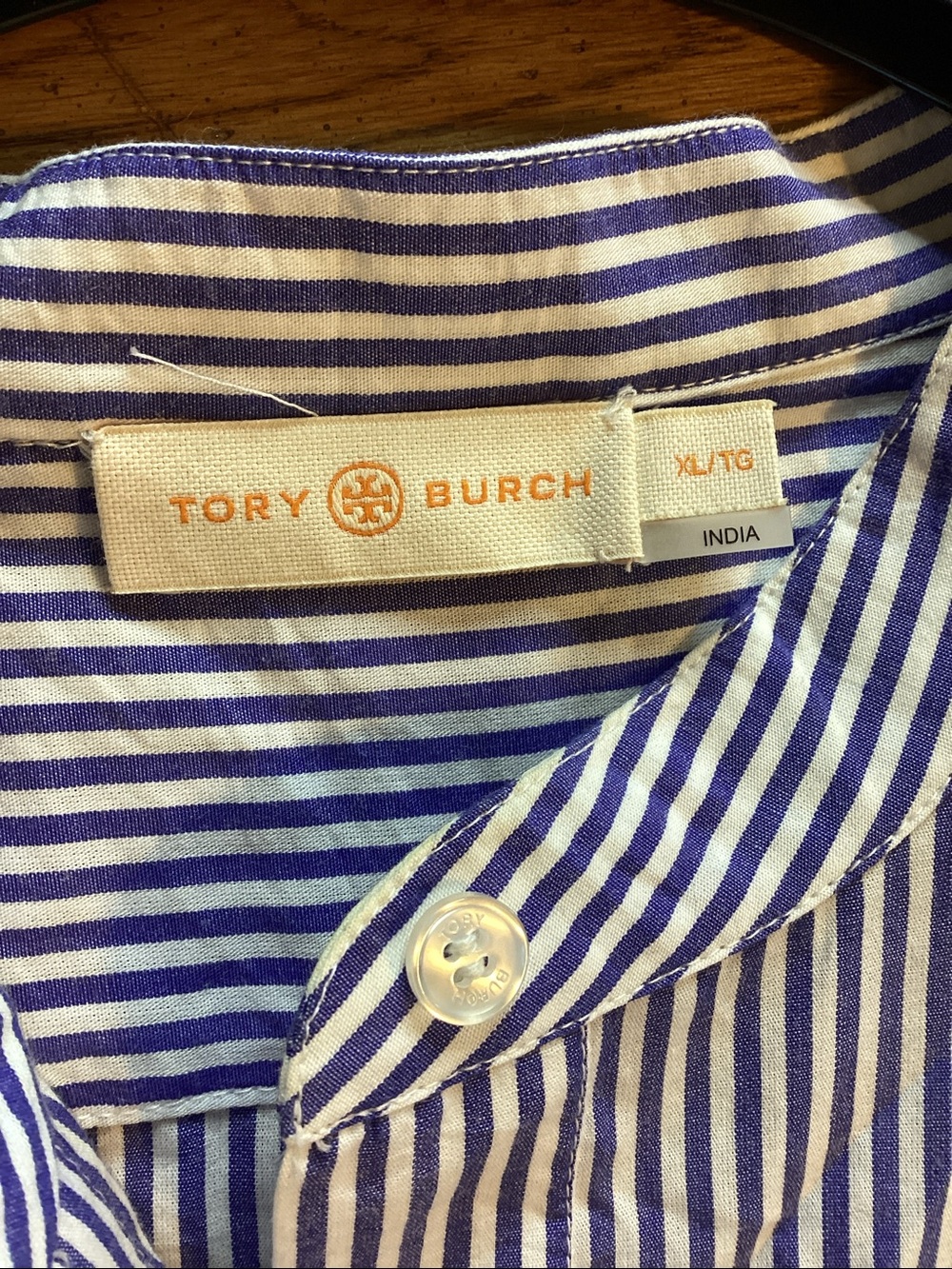 Tory Burch blue and white striped shirt dress with pink embroidered flowers. - Picture 6 of 16